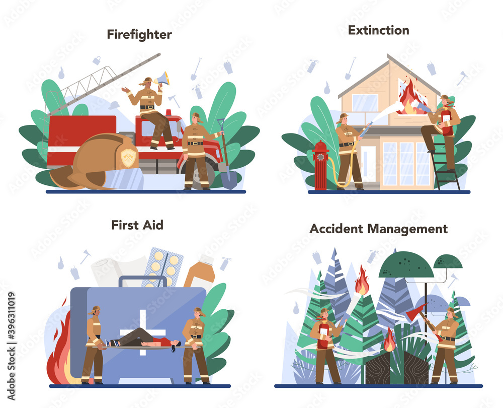 Fireman concept set. Professional fire brigade firhting with flame Fireman concept set. Professional fire brigade firhting with flame