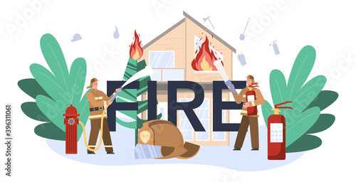 Fire typographic header. Professional fire brigade firhting with flame