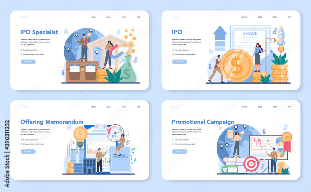 Initial Public Offerings specialist web banner or landing page set Initial Public Offerings specialist web banner or landing page set