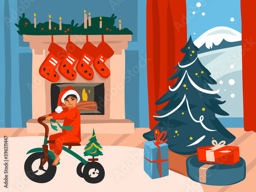 Hand drawn vector abstract fun stock flat Merry Christmas,and Happy New Year cartoon festive card with cute illustrations of Xmas baby kid at home isolated on color background