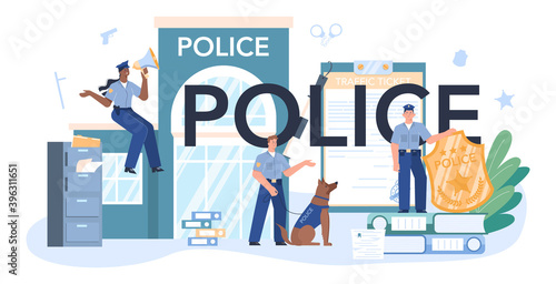 Police typographic header. Detective making investigation and apprehension