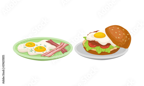 Hamburger and Scrambled Egg with Bacon Slices as Tasty Dishes with Egg Ingredient Served on Plate Vector Set