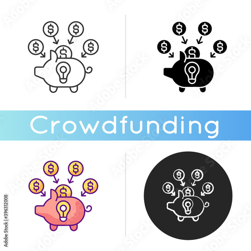 Crowdfunding icon. Practice of funding project or venture by raising small amounts of money from a large number of people. Linear black and RGB color styles. Isolated vector illustrations