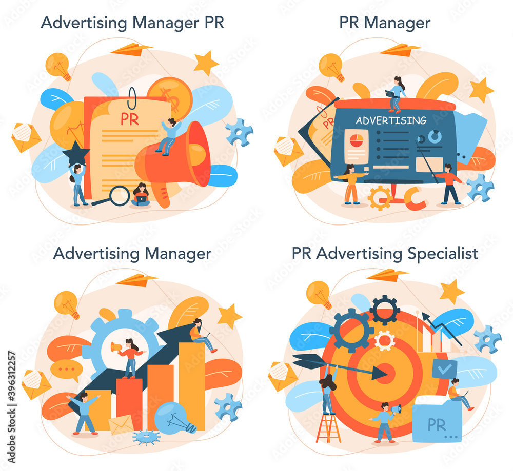 Fototapeta premium Advertsing manager concept set. Commercial advertisement and communication