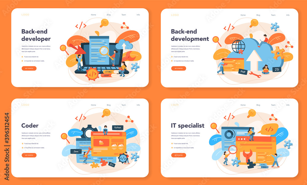 Back end development web banner or landing page set. Software