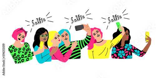 Group selfie. Cartoon characters meet for social event, young happy women celebrating party, vector illustration selfies of female group isolated on white background