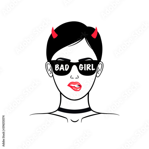 Devil girl. Cartoon beautiful determined woman with horns and glasses, sensual sexy red lips, vector illustration portrait of young bad girl isolated on white background