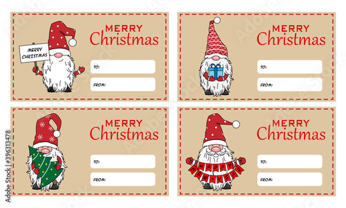 Six christmas tags. Christmas gnomes. Space for text
