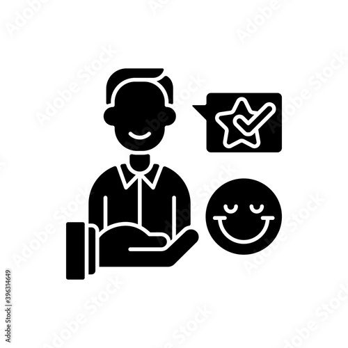 Customer satisfaction black glyph icon. Good reputation development, satisfied clients positive rating. Customer relationship management silhouette symbol on white space. Vector isolated illustration