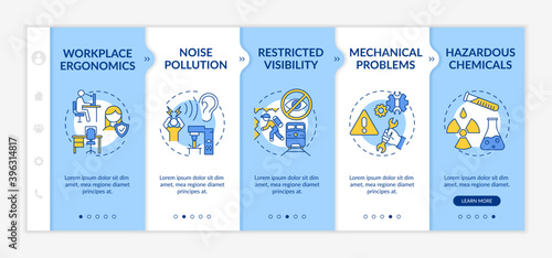 Workplace safety concerns onboarding vector template. Workplace ergonomics. Noise pollution. Responsive mobile website with icons. Webpage walkthrough step screens. RGB color concept