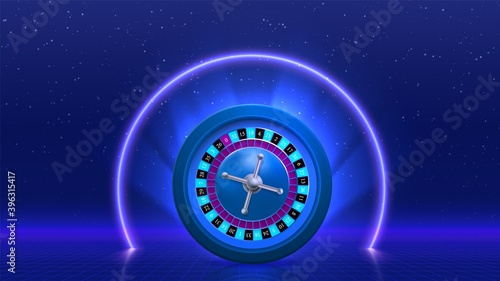 Casino neon background with roulette. Concept for flyer, banner, poster. Vector illustration.