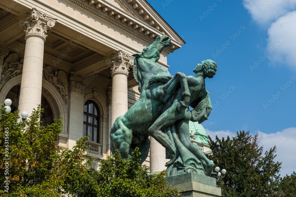Man and Horse Statue in front of the Parliament of Serbia in Belgrade, or the National Assembly of Serbia