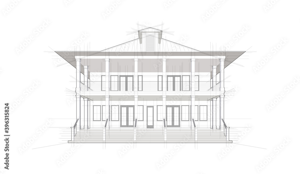 Sketch of a two-story house project on a white background