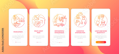 ME symptoms onboarding mobile app page screen with concepts. Muscle pain, light and noise hypersensitivity walkthrough 5 steps graphic instructions. UI vector template with RGB color illustrations