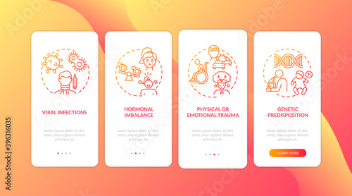CFS causes onboarding mobile app page screen with concepts. Viral infections, abnormal hormones level walkthrough 4 steps graphic instructions. UI vector template with RGB color illustrations