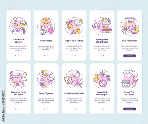 Breastfeeding and baby food onboarding mobile app page screen with concepts set. Higher iq in future walkthrough 5 steps graphic instructions. UI vector template with RGB color illustrations