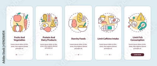 Healthy breastfeeding diet onboarding mobile app page screen with concepts. Fruits and vegetables walkthrough 5 steps graphic instructions. UI vector template with RGB color illustrations