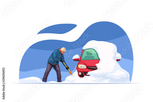 man cleaning snow from car using shovel
