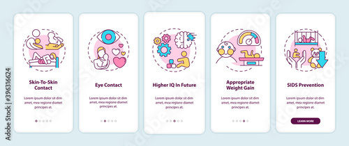Breastfeeding pros onboarding mobile app page screen with concepts. Skin to skin contact with baby walkthrough 5 steps graphic instructions. UI vector template with RGB color illustrations