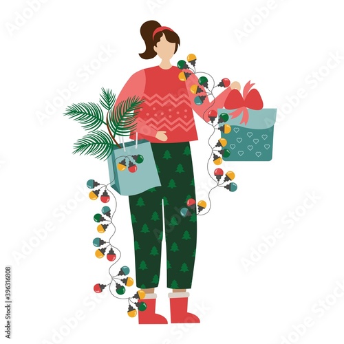 The girl is preparing for the New Year holidays. New Year's decor, gifts. Template for a postcard or a banner, a poster. Vector illustration. New Year's and Christmas. Cartoon character.