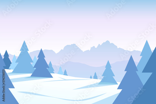 winter forest with mountain ridge at sunset © ifh85