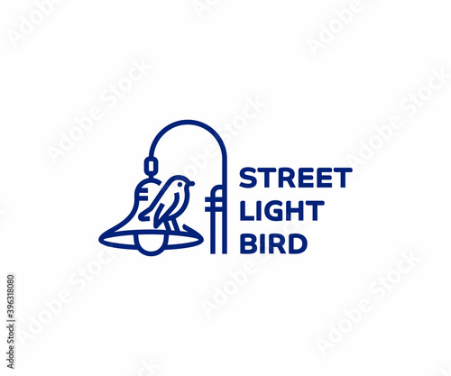 Street light pole line art logo design. Bird sitting on lamp post vector design. Column street lighting logotype