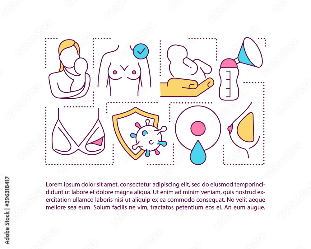 Obraz premium Breastfeeding concept icon with text. Nursing clothes. Babies and young children feeding. Woman breast. PPT page vector template. Brochure, magazine, booklet design element with linear illustrations