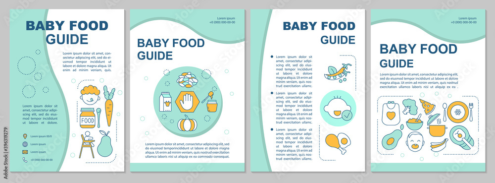 Baby food guide brochure template. Infant formula. Vegetables, fruits ...