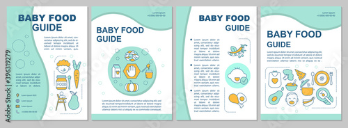 Baby food guide brochure template. Infant formula. Vegetables, fruits. Flyer, booklet, leaflet print, cover design with linear icons. Vector layouts for magazines, annual reports, advertising posters