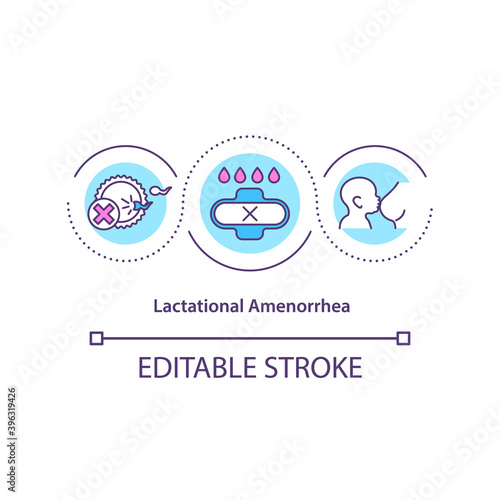 Lactational amenorrhea concept icon. Postpartum infertility idea thin line illustration. Menstrual periods absence. Breastfeeding. Vector isolated outline RGB color drawing. Editable stroke