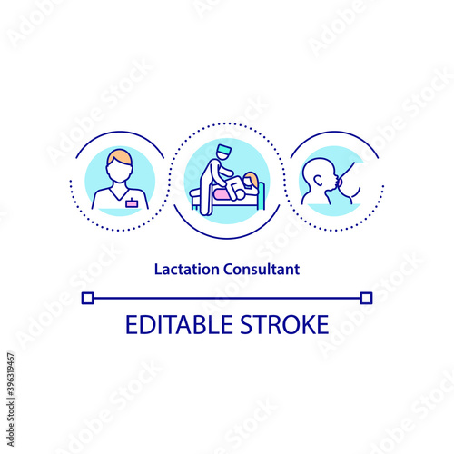 Lactation consultant concept icon. Nursing professional idea thin line illustration. Breastfeeding support. Providing prenatal education. Vector isolated outline RGB color drawing. Editable stroke