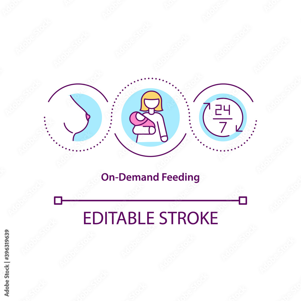 On-demand feeding concept icon. Schedule breastfeed idea thin line illustration. Baby-led feeding. Milk production in sync with baby needs. Vector isolated outline RGB color drawing. Editable stroke