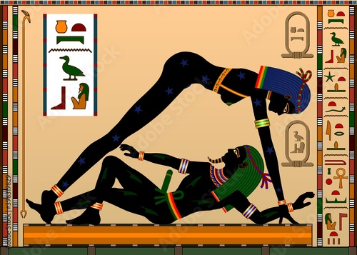 Religion of Ancient Egypt. 
Ancient Egyptian Gods Nut and Geb. Consort gods. Nut is the goddess of the sky, stars. Geb is the god of the earth and plants. Vector illustration.