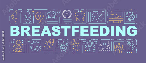 Breastfeeding word concepts banner. Ensuring child health. Nursing, lactation. Infographics with linear icons on pink background. Isolated typography. Vector outline RGB color illustration