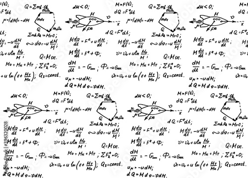 The calculation of the trajectory of a missile. Physical equations and formulas on whiteboard. Vector hand-drawn seamless pattern.