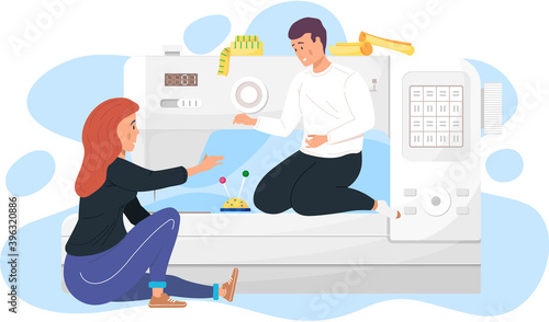 The concept of tailoring fashionable clothes. Man and woman seamstresses are working, sitting near big sewing machine, tiny dressmakers. Concept of creative atelier. Flat illustration dressmakers