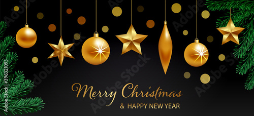 Hanging golden christmas balls and stars on black background with bokeh effect and fir tree. Vector illustration. Glowing Cristmas decoration. New Year poster, banner  or banner design template. Winte