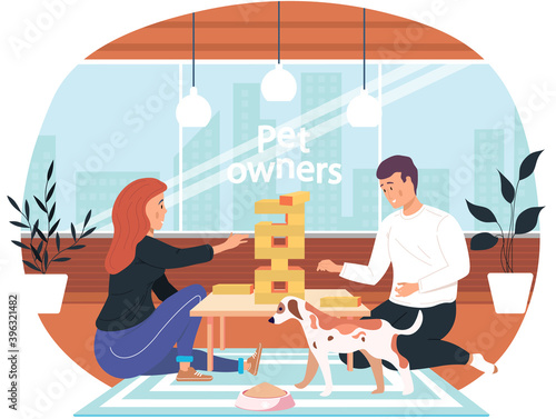 Couple playing jenga at home cartoon vector illustration cozy living room atmosphere in the evening. Man and woman friendly family or good friends spend time together with a logic game on the weekend
