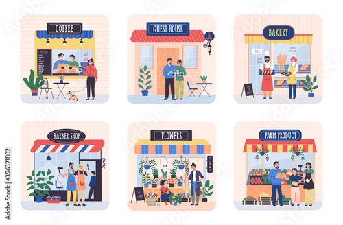 Family do business. Set of happy cartoon diverse people work at family business. Collection of owners and customers with small shop, guest house, cafe, store facades and services isolated on white