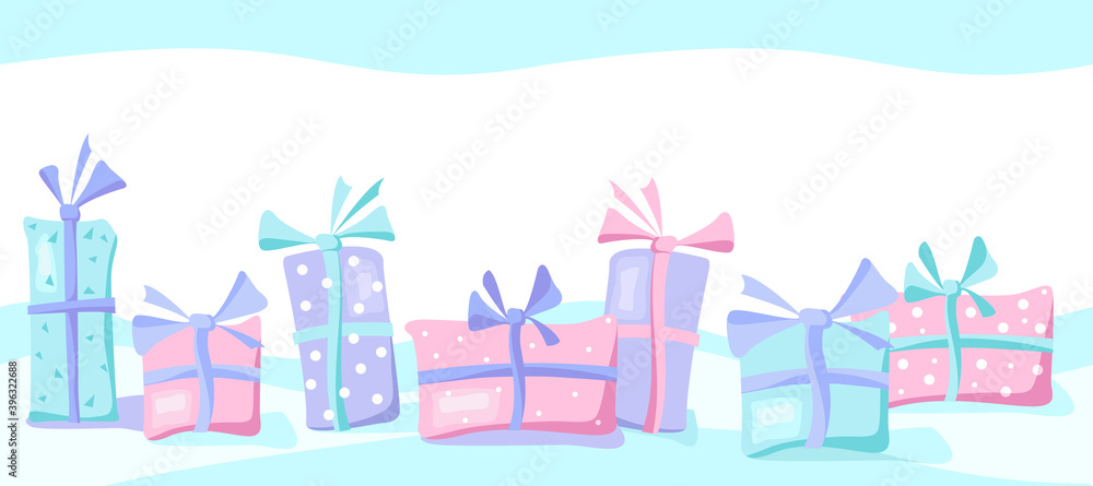 Fototapeta premium Gift Boxes with a bow. Holiday and birthday gifts cartoon banner. Christmas, new year, Valentine day or anniversary. Vector isolated objects for your design. Lots of presents in flat style.