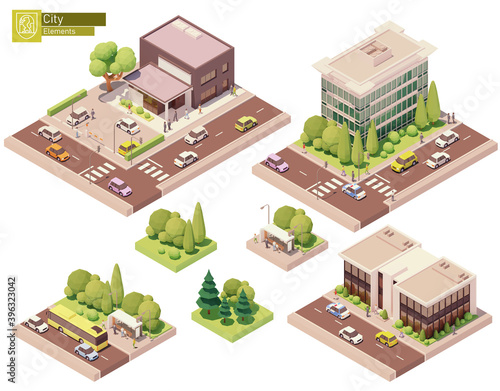 Vector isometric buildings and street elements set. Houses, homes and offices. Bus stop, trees cars and people. Isometric city or town map construction elements
