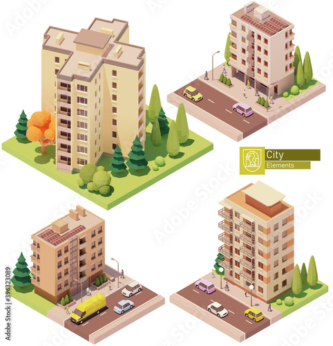 Vector isometric buildings and street elements set. Houses, homes and offices. High-rise buildings, trees, cars and people. Isometric city or town map construction elements