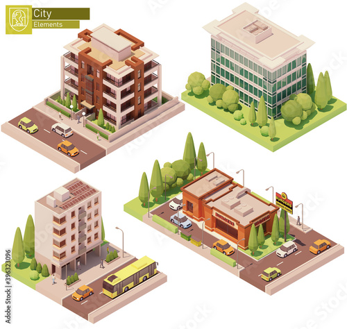 Vector isometric buildings and street elements set. Houses, homes fast food restaurant. High-rise buildings, trees, cars and people. Isometric city or town map construction elements