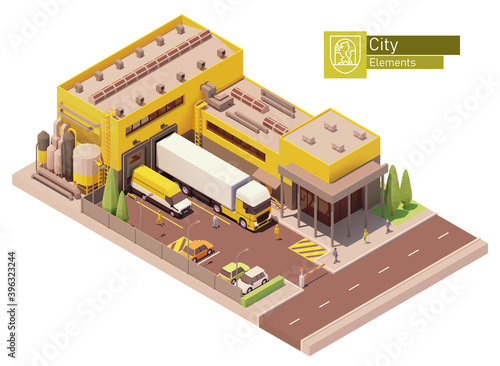 Vector isometric supermarket building. Factory or plant building exterior. Industrial facility. Office, loading docks and trucks loaded with goods. Isometric city or town map construction elements