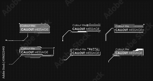 Callouts titles in HUD style. Interface elements, UI, GUI. Info boxes hud templates vector.