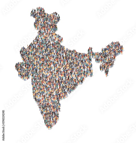 Large group of people forming India map standing together, flat vector illustration. People crowd gathering. Population demographics.