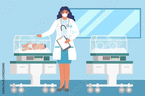 Neonatal resuscitation. Female doctor standing next to newborn baby in incubator, flat vector illustration. Newborn resuscitation.