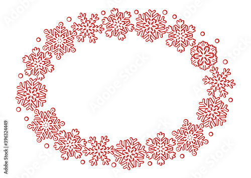 Oval frame made of  snowflakes on red - natural festive background for design of greeting card for Christmas and New Year