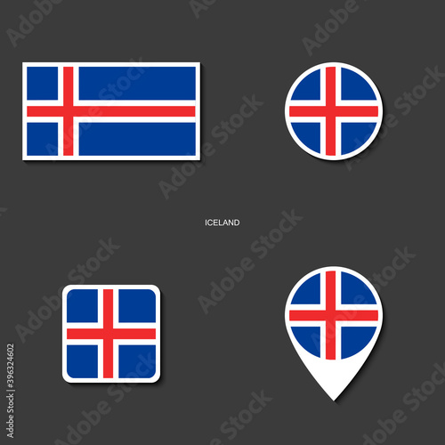 Iceland flag icon set in different shape (rectangle, circle, square and marker icon) on dark grey background. Iceland flag icon collection on barely dark background.