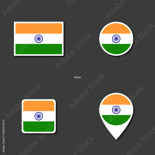 India flag icon set in different shape (rectangle, circle, square and marker icon) on dark grey background. India flag icon collection on barely dark background.